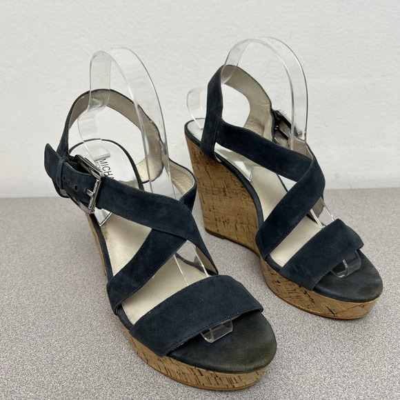 Womens Cork Wedge 5" Sandals Shoes Size 9.5 Blue Suede Straps, Michael Kors‎ - Picture 1 of 10